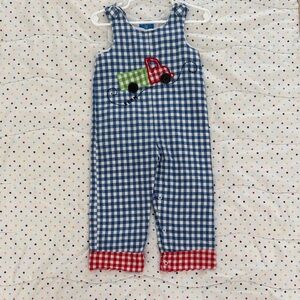 Mud Pie Blue and Red Checkered Overalls with Truck Design